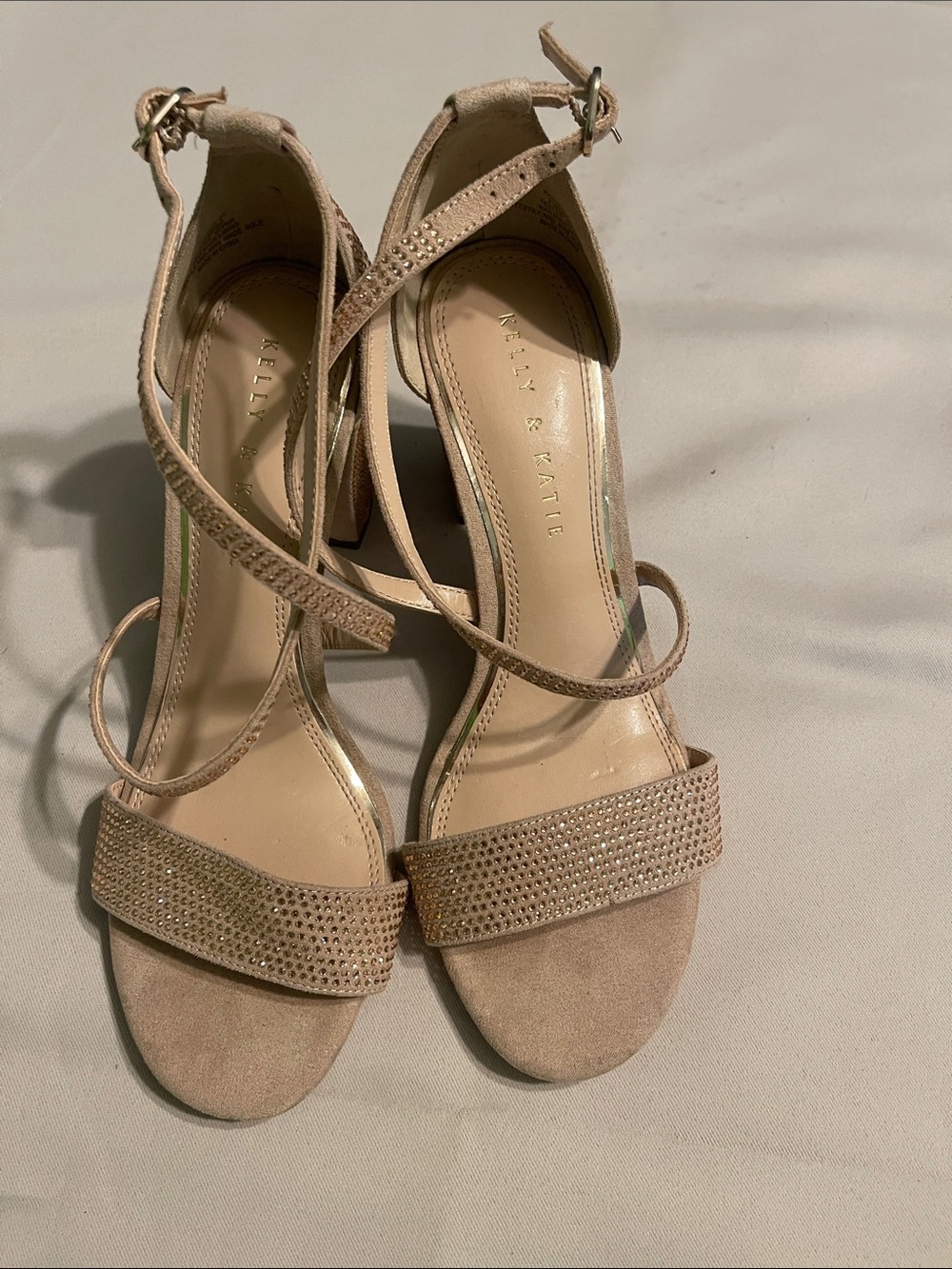 Kelly & Katie Blush Nude Rhinestone-Strap Block Heels